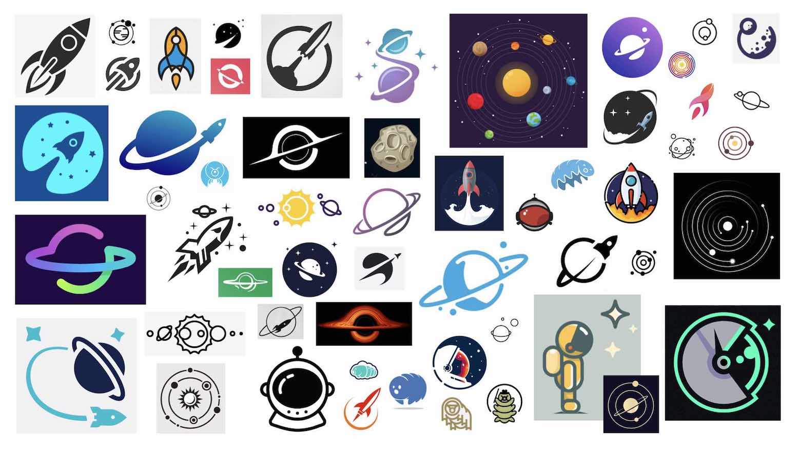 Moodboard of space travel logos