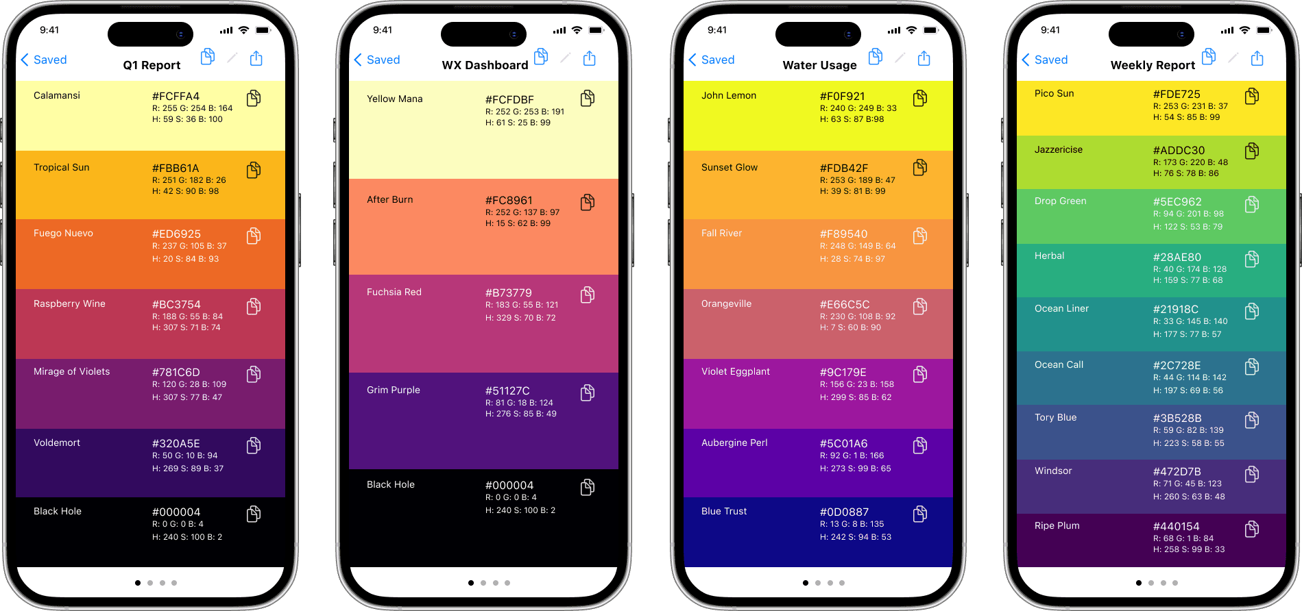 Saved color palettes